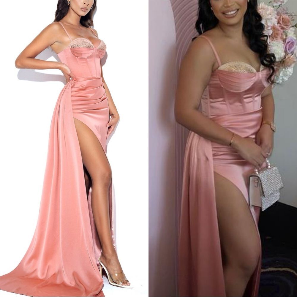 Miss Circle Gown Maxi Dress Vanity Pink Satin Corset Rhinestone Draping size XS